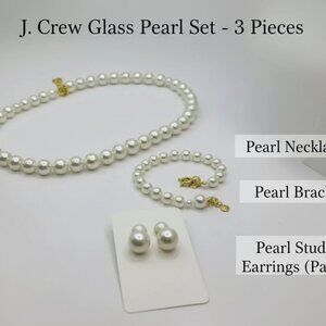 J. Crew Glass Pearl Bundle with Necklace Earrings Bracelet Goldtone Jewelry Set